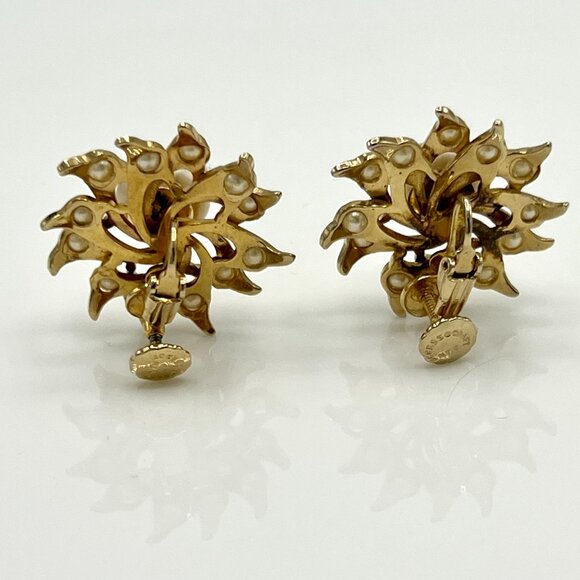 ACCESSOCRAFT NYC Gold Tone Faux Pearl Sun Screw Fast Clip On Earrings Vintage - Picture 5 of 12